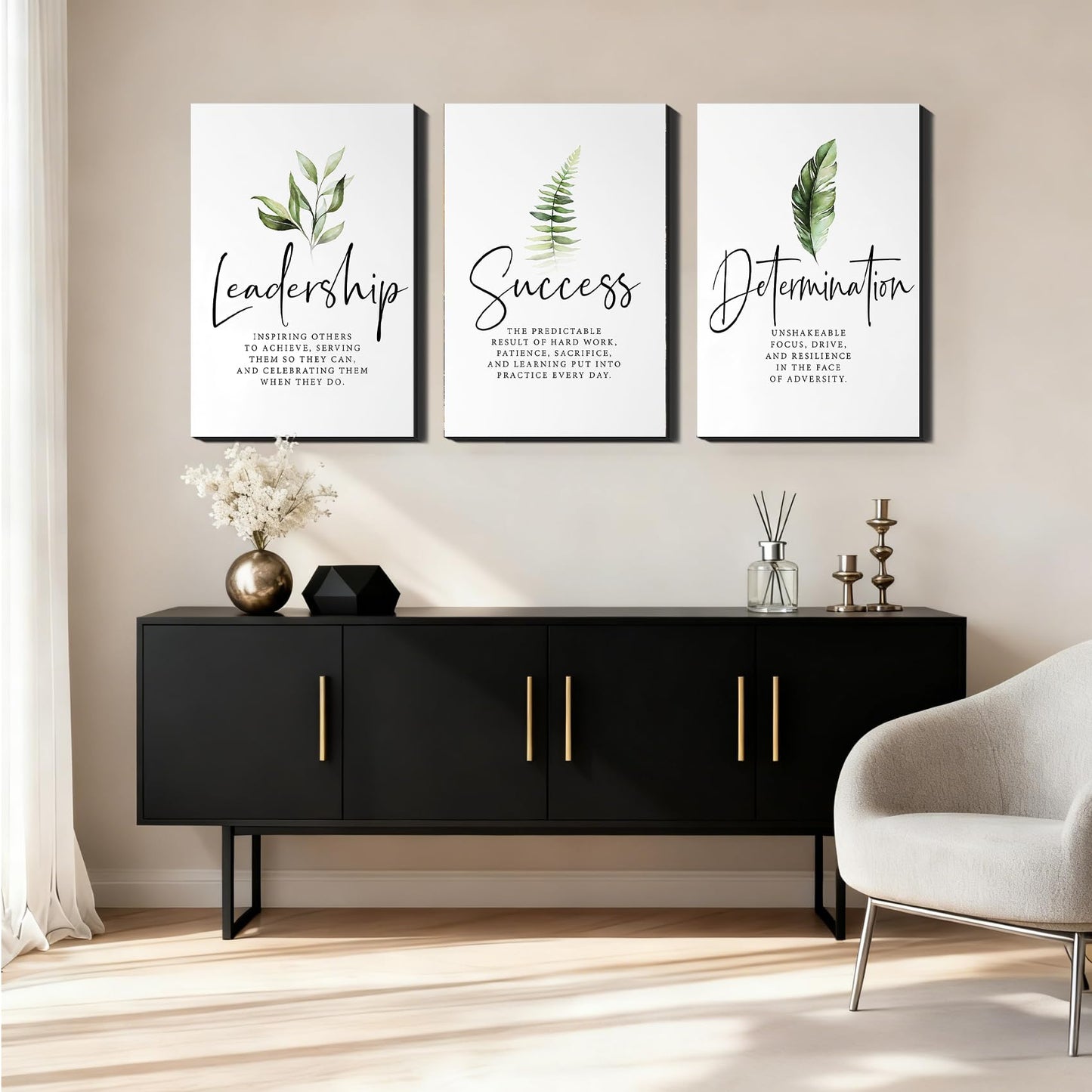 Set of 3 Framed Canvas Art - Motivational Office Wall Decor, Leadership/Success Quotes with Leaves, Inspirational Prints for Bedroom, Framed Positive Vibe Wall Art