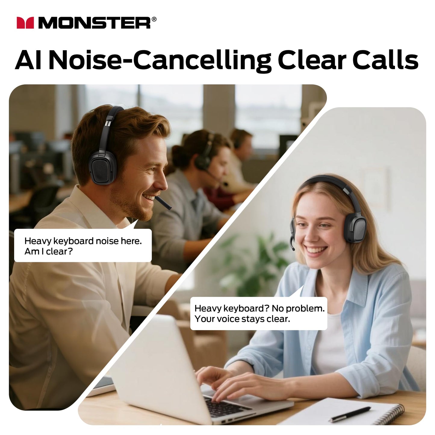 Monster VoiceLink 200 Wireless Headset with Mic for Work, Bluetooth V5.4 Headphones with AI Noise Cancelling Mic & USB Dongle, 60H Playtime & Mic Mute for Computer/Laptop/PC/iPhone/Android