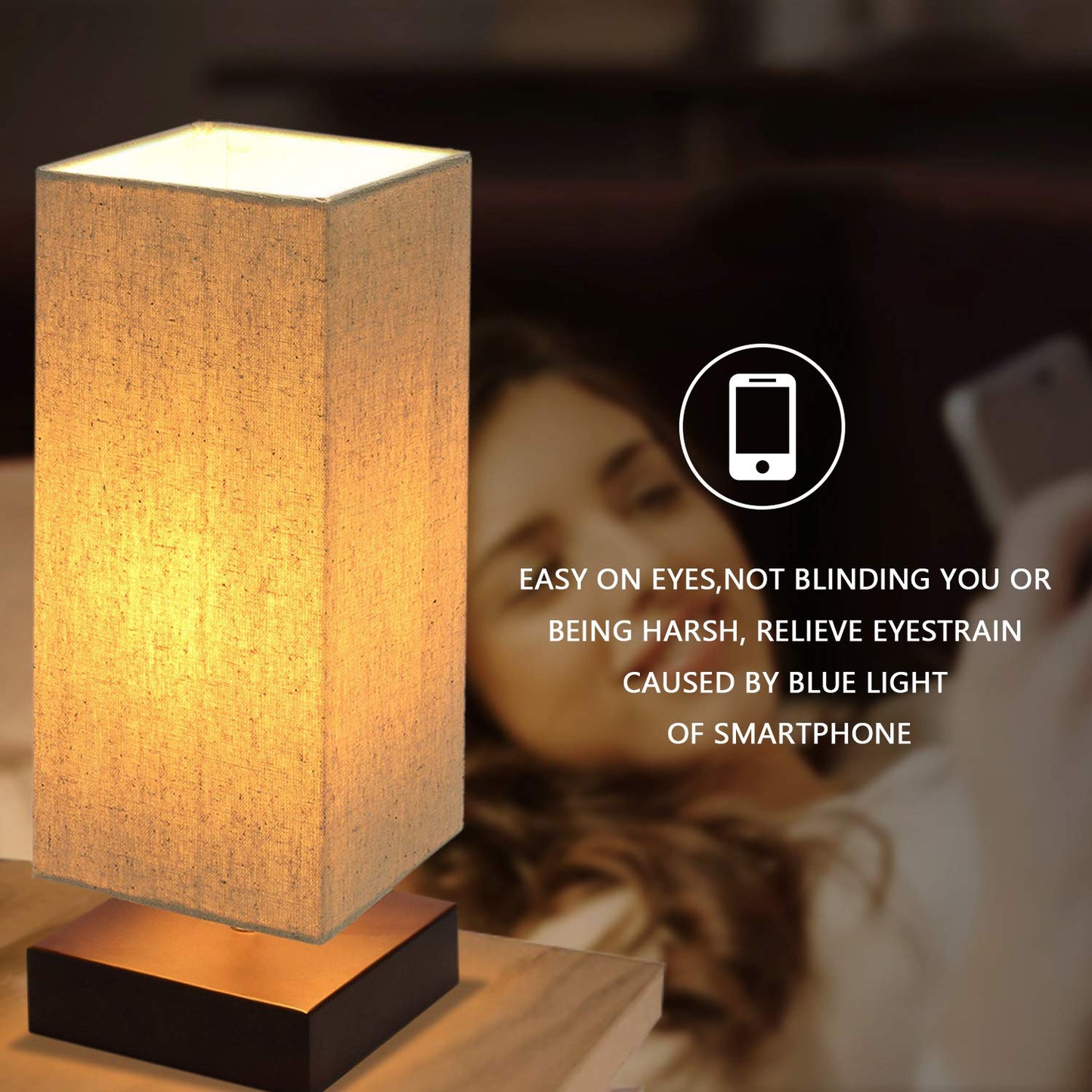 Touch Control Table Lamp Bedside 3 Way Dimmable Touch Desk Lamp Modern Nightstand Lamp with Square Fabric Lamp Shade Simple Night Light for Bedroom Living Room Office, Led Bulb Included