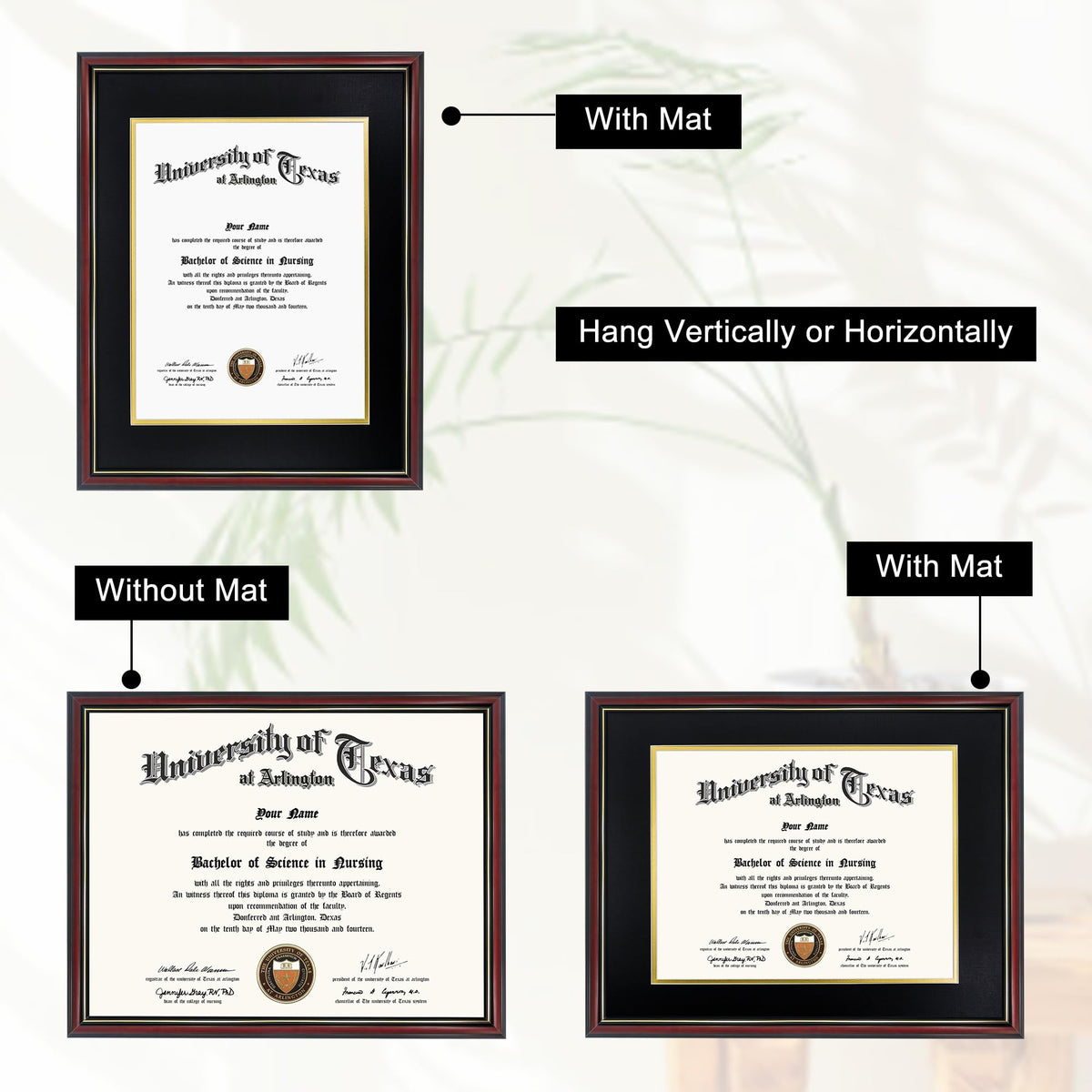 GraduationMall 12x15 Diploma Frame with Black over Gold Mat or Display 16x20 Certificate without Mat,Solid Wood & Tempered Glass,Cherry Finish with Gold Trim