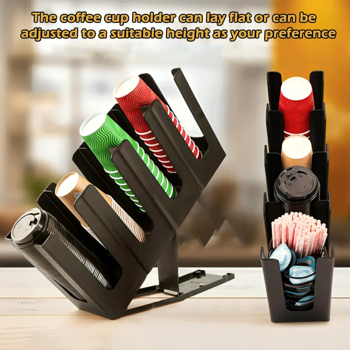 Adjustable Coffee Cup Holder Organizer – 4 Compartment Disposable Cup Dispenser with Mesh Basket for Coffee Pods, Straws, Sugar Packets – Metal Countertop Storage for Coffee Bar Accessories