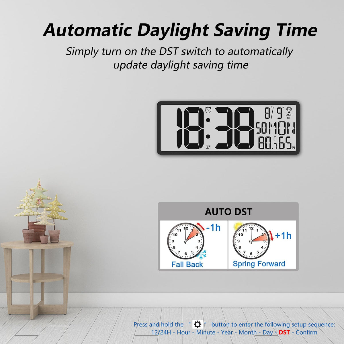 Digital LCD Atomic Desktop Clock, 7.8" Screen with Time, Date, Temperature, Humidity, Alarm, Snooze, DST, Time Zone for Home, Office (No Backlight)