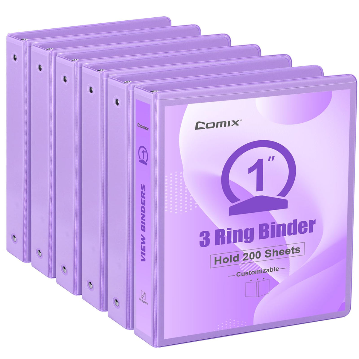 COMIX Standard 3 Ring Binder 1 inch with Clear View Cover, 1" Round Ring View Binder Holds 200 Sheets of US Letter Size Paper for School Office Supplies, 6 Pack (Pale Purple)