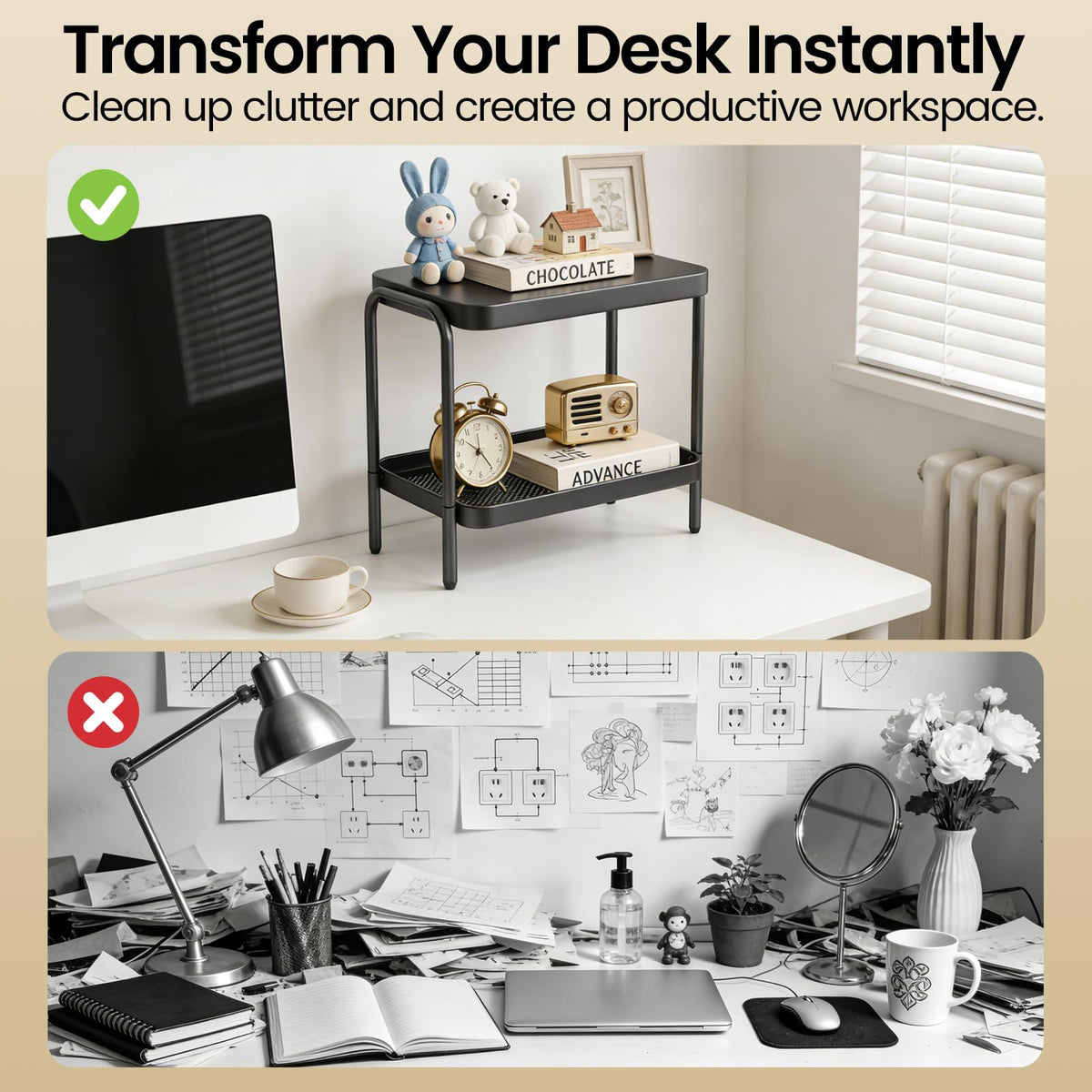NobleForm 2 in 1 Desktop & Floor End Table with Storage Shelves, Compact 2-Tier Side Table for Office Desk Organization, Bedside Nightstand, Small Space Nightstand for Living Room, Bedroom, Office