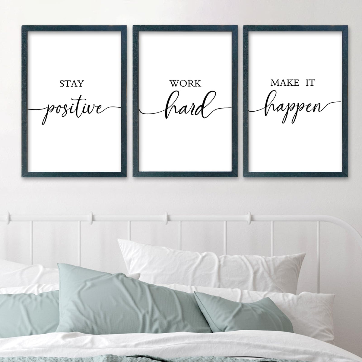 SRSZHIYUE Office Motivational Decor 16"×11" Set of 3 Stay Positive Work Hard Make It Happen Inspirational Quotes Wooden Framed Wall Hanging Art (Black)