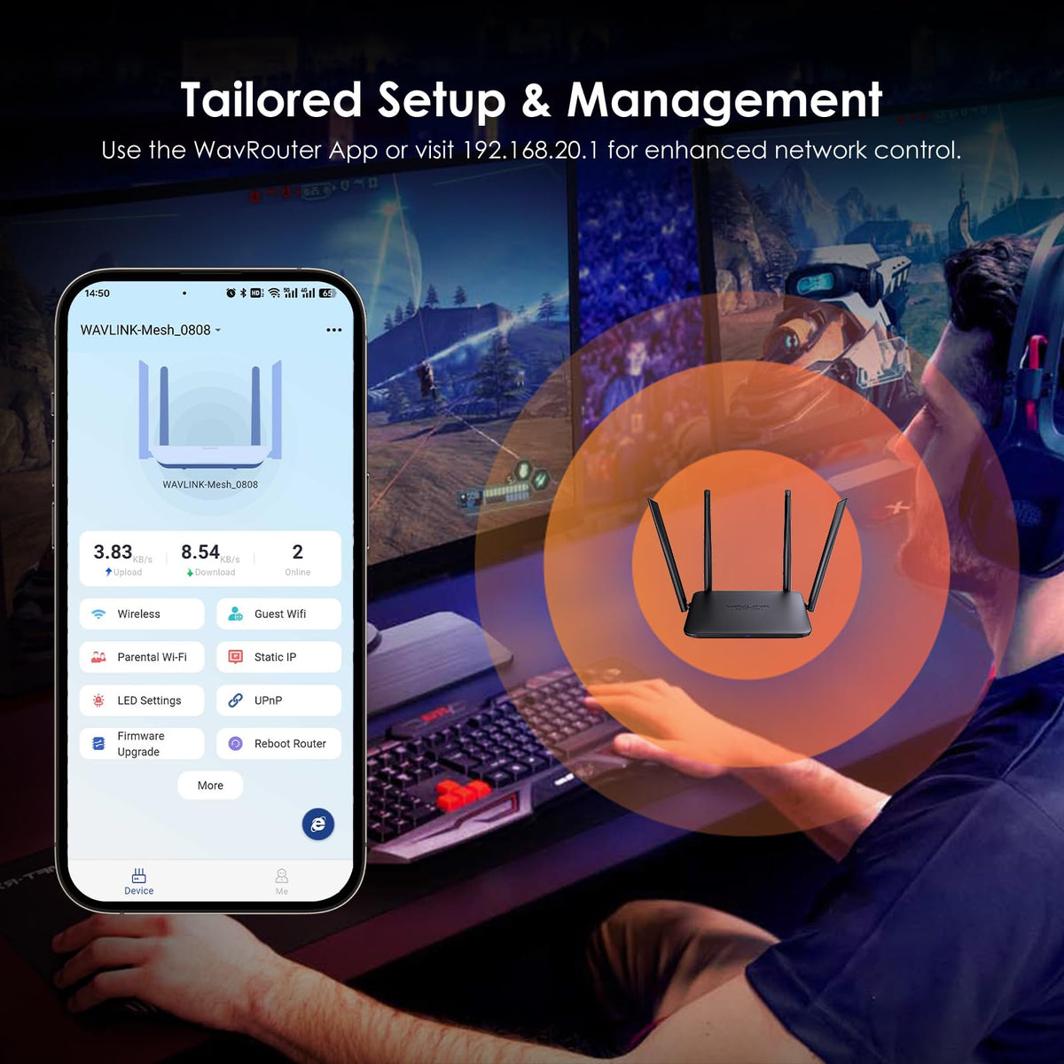 WAVLINK BE5100 WiFi 7 Router, 2026 Dual Band Gaming Router with 4096-QAM Tech, 5dBi High-Gain Antennas, Support Mesh/AP/Repeater Mode, MLO & Multi-RU, Guest WiFi, OFDMA, MU-MIMO, QoS, IPv6, VPN