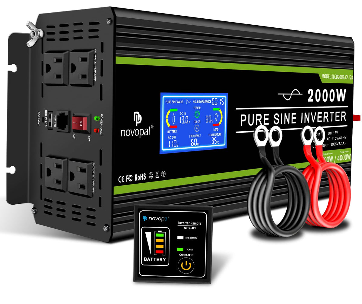 NOVOPAL 2000 Watt Pure Sine Wave Power Inverter DC 12V to AC 110V 120V Rv Inverters with 1 USB Port-16 feet Remote Control, LCD Display for Truck, Hurricane, Home
