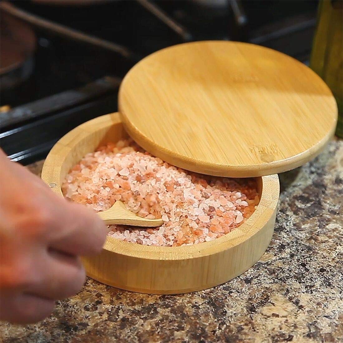 Lily's Home Barkeeper's Salt Box, Bamboo Spice Storage Box with Magnetic Lock and a Bamboo Spoon. Margarita Rim Salting Dish