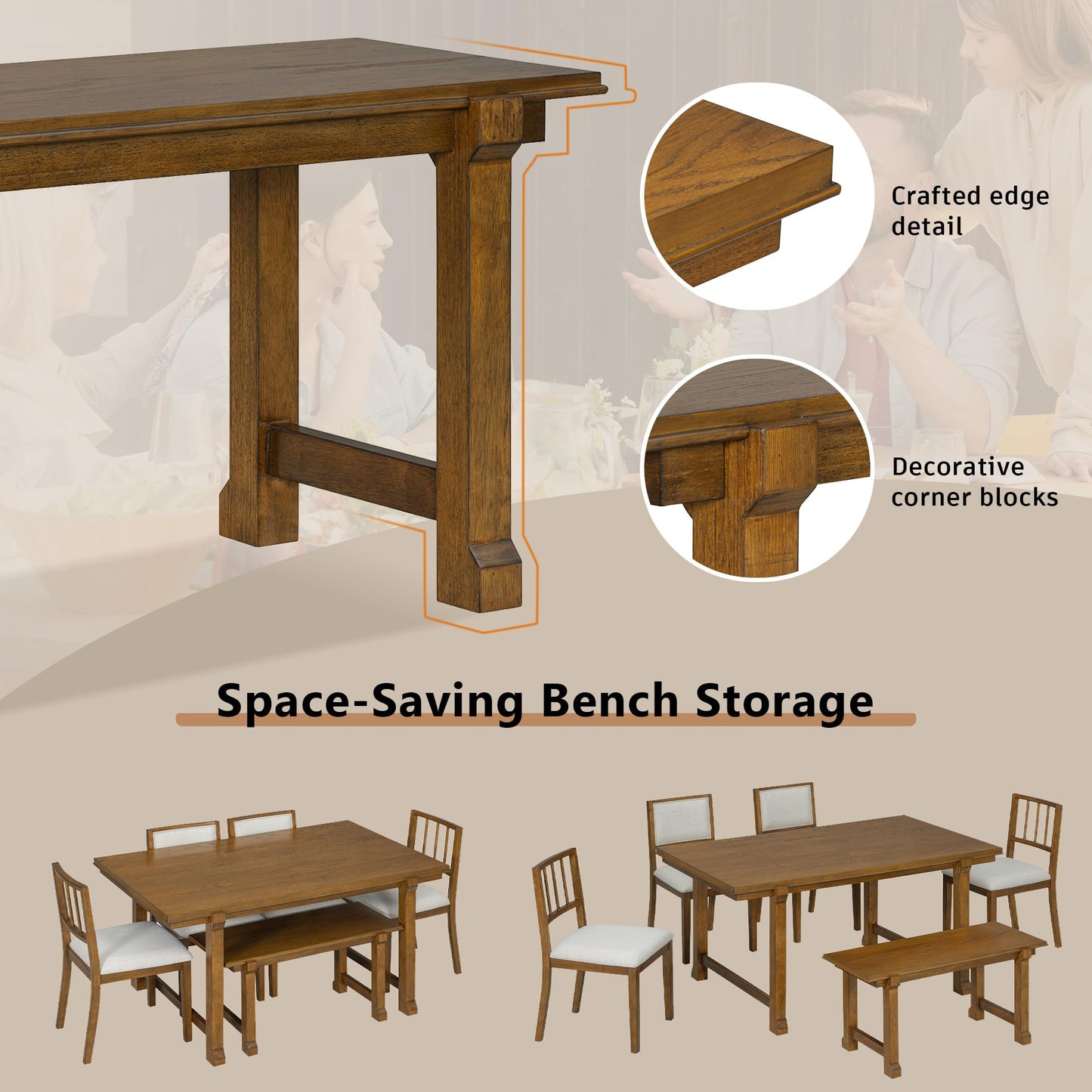 Merax 6-Piece Farmhouse Dining Table Set for 6, 59.8" Rectangle Table + 4pcs Dual-Style Chairs + 37.8" 2 Seater Bench, Kitchen and Dining Room Sets with Solid Wood Legs and Frame (Walnut+ Beige)
