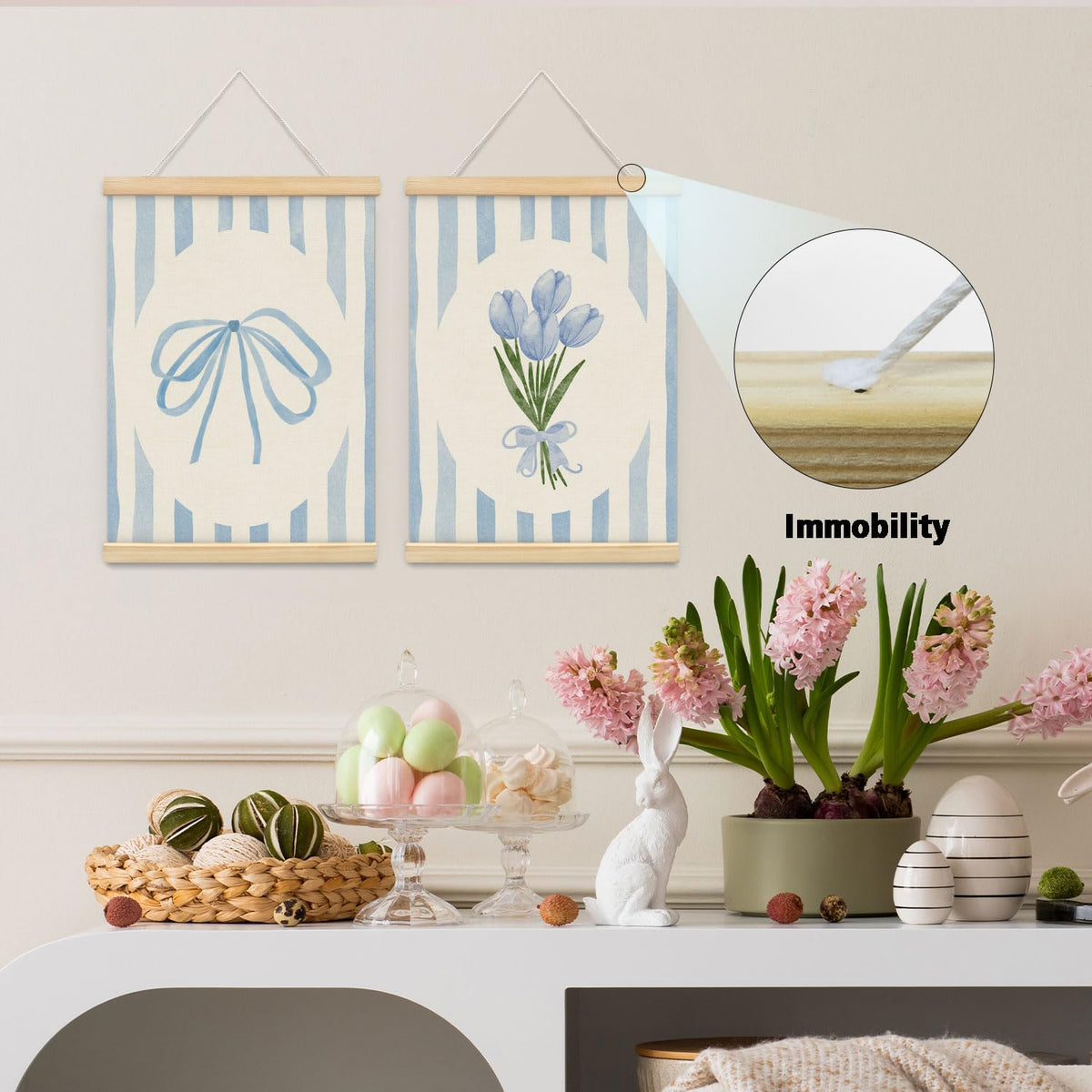 ETYZE Coquette Blue Bow Tulip Floral Wall Art Poster Hanger Frame, Spring Coquette Wall Decor, Preppy Girly Room Decor, Preppy Canvas Wall Art for Girls Room Dorm Apartment, 12x16 Inch Set of 2