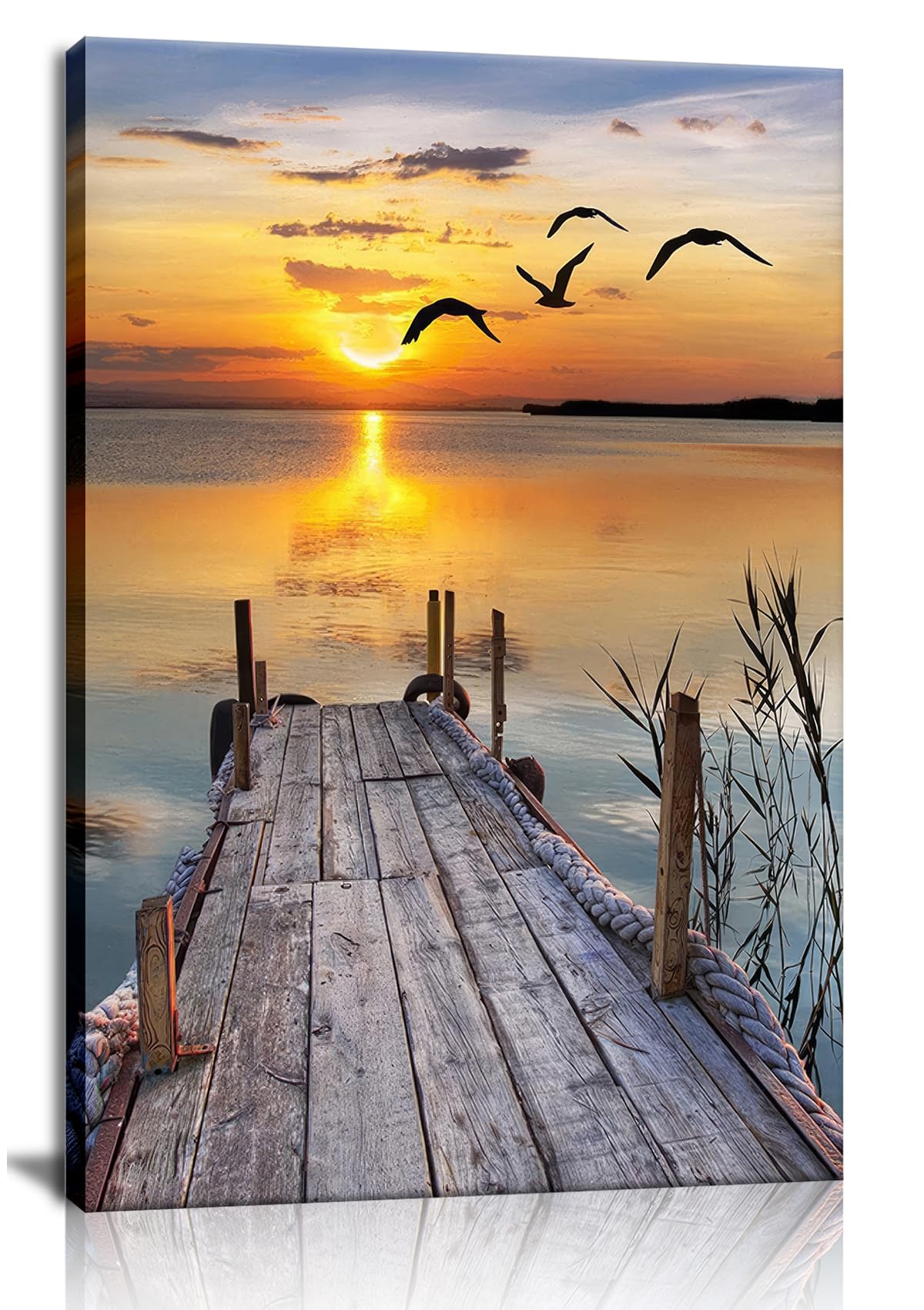 Sunset Wall Art Lakeside Pier Trail Canvas prints Sunset Nature Landscape Painting for Home Living Room Bedroom Office (12x16 inch) Framed