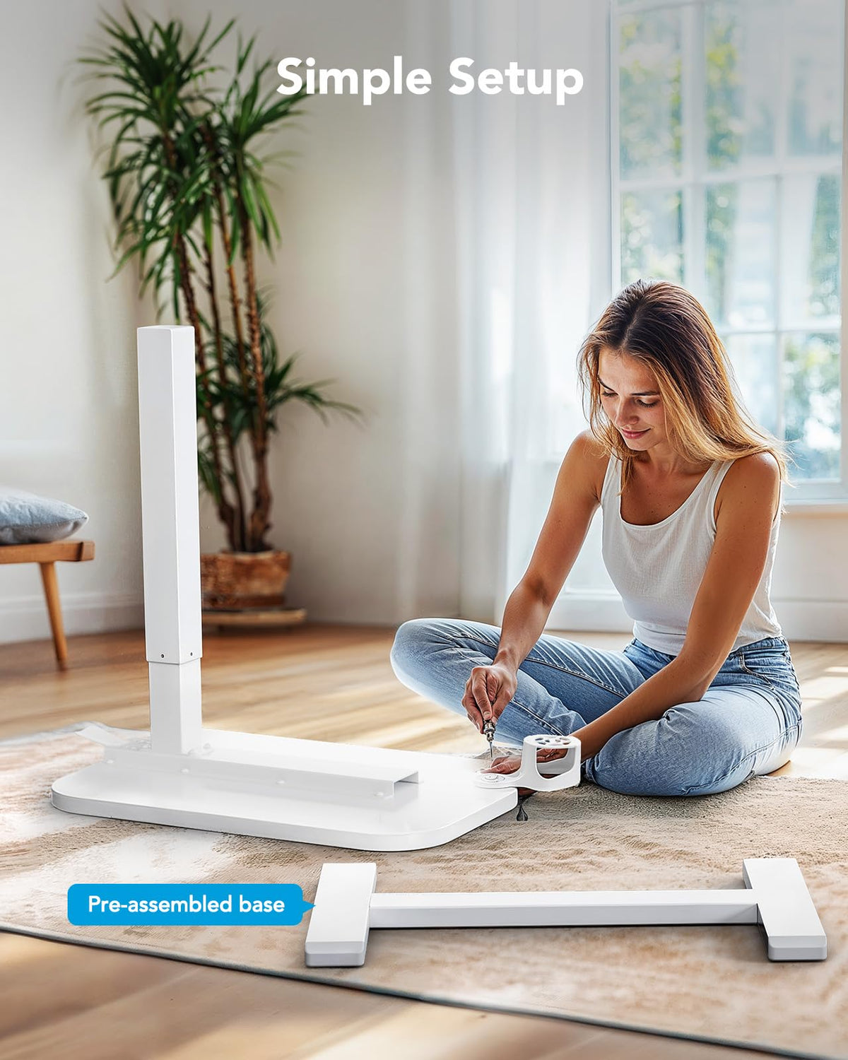 HUANUO 28Inch Bedside Table with Wheels, Height-Adjustable Rolling Computer Cart, Overbed Table with Cup Holder, Pneumatic Laptop Standing Desk for Home Office, White