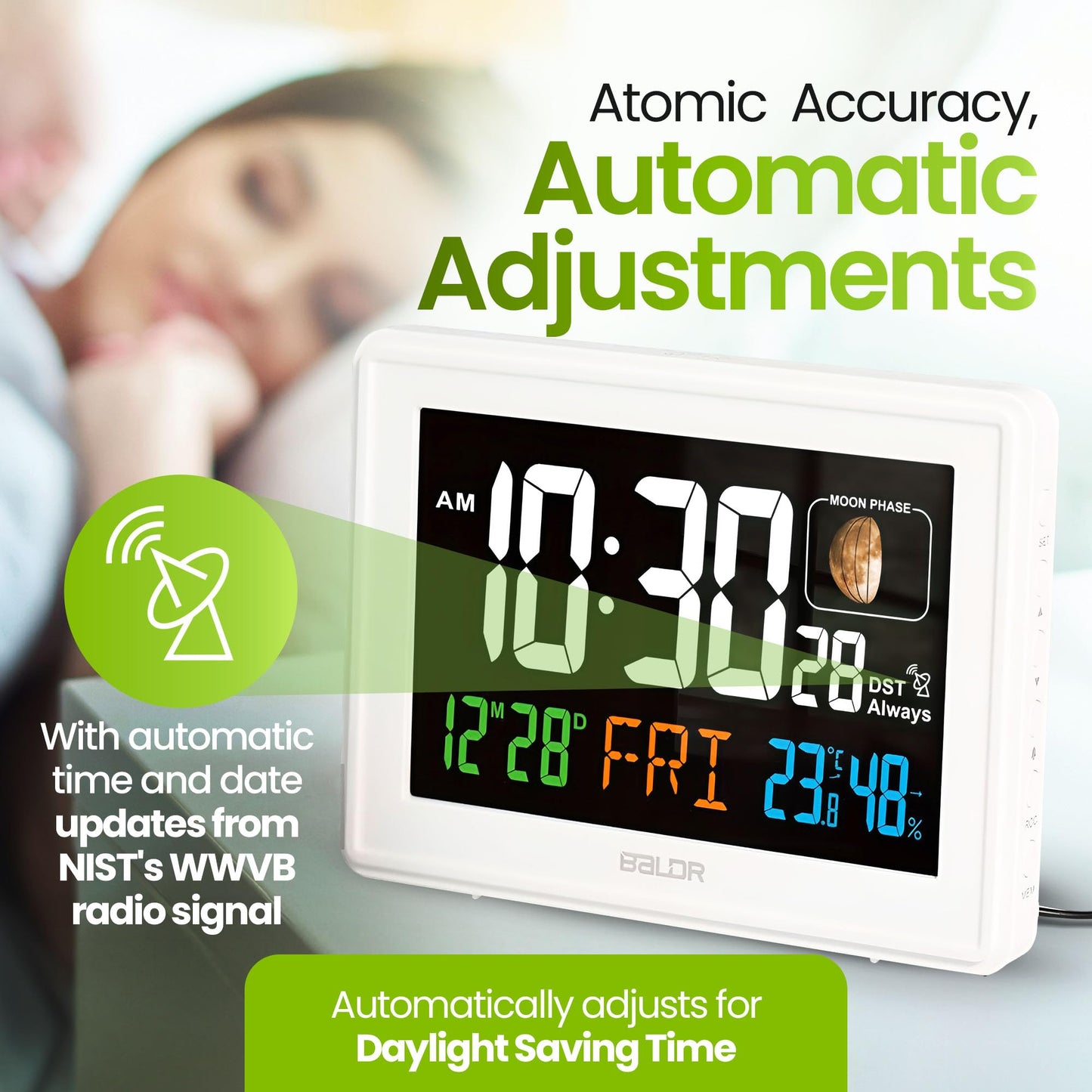 Baldr Atomic Clocks for Bedrooms Digital Large Display - White - Desk Clock with Temperature Indoor and Humidity, Night Stand Clock, Moon Phase Clock, Alarm Clocks for Living Room, Digital Clock Wall