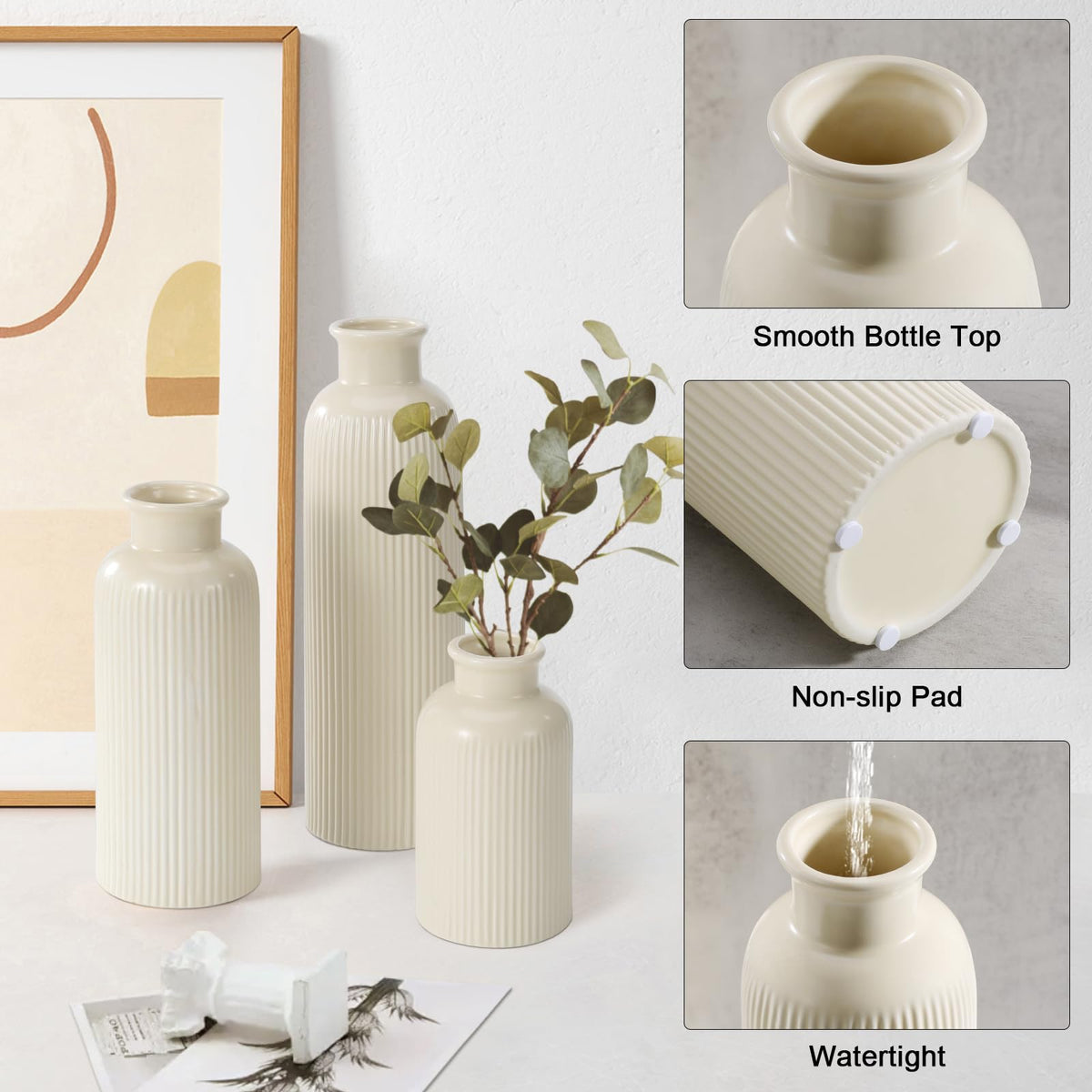 Small Beige Ceramic Vase Set of 3, Boho Modern Beige Flower Vase Room Decor, Farmhouse Decor, Vases for Your Kitchen, Bathroom, Bedroom, Living Room, Office&Shelf Centerpiece Table Decorations