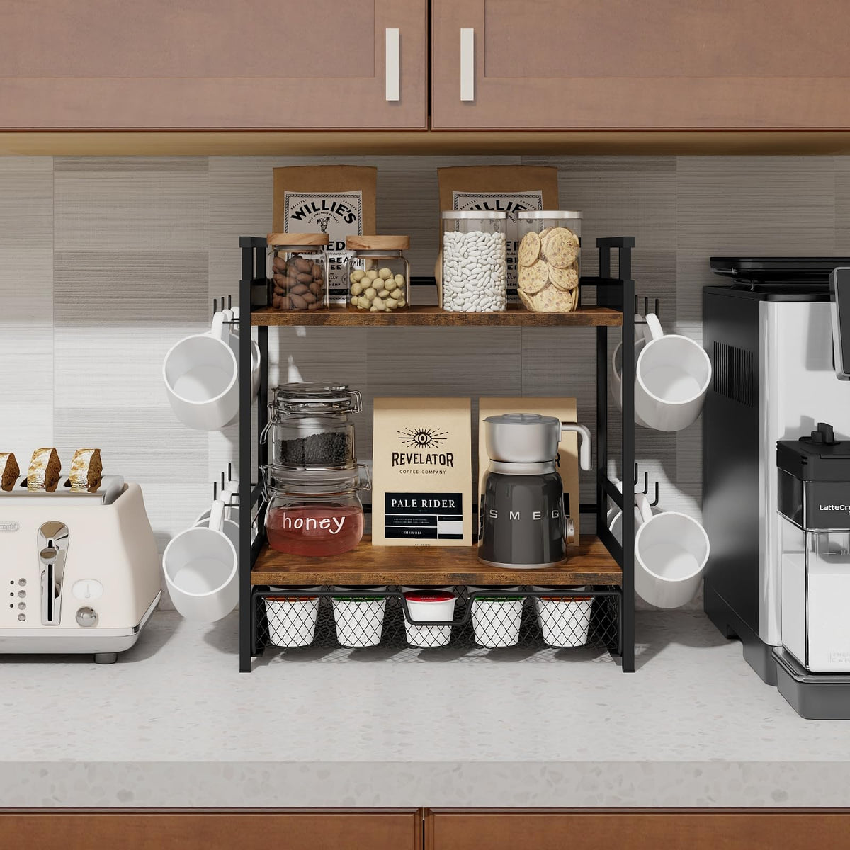 BCOZLUX Coffee Bar Organizer, 3 Tier Coffee Station Organizer for Countertop, Mug Cup Holder Stand with 12 Hooks, with K Cup Storage Drawer, Tea Organizers Accessories for Home Office