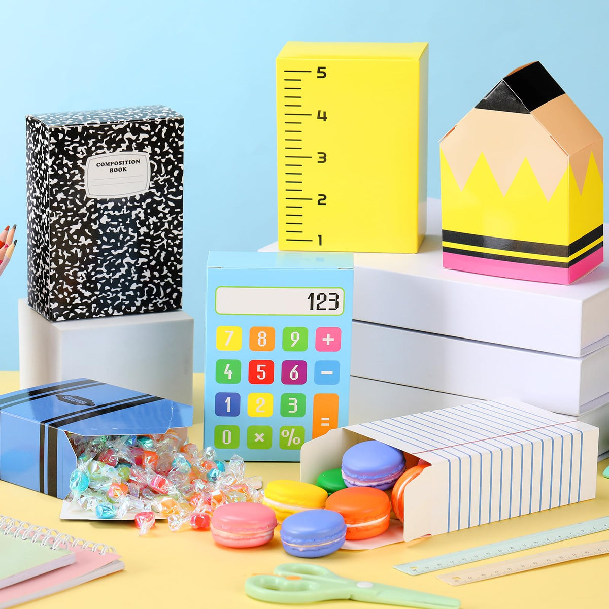 AmazingSpark 24 Pcs Teacher Gifts Boxes School Classroom Pencil Crayon Treat Boxes Composition Notebook Calculator Candy Holder Bags for Teachers Day Preschool Kindergarten Welcome Classroom Decor