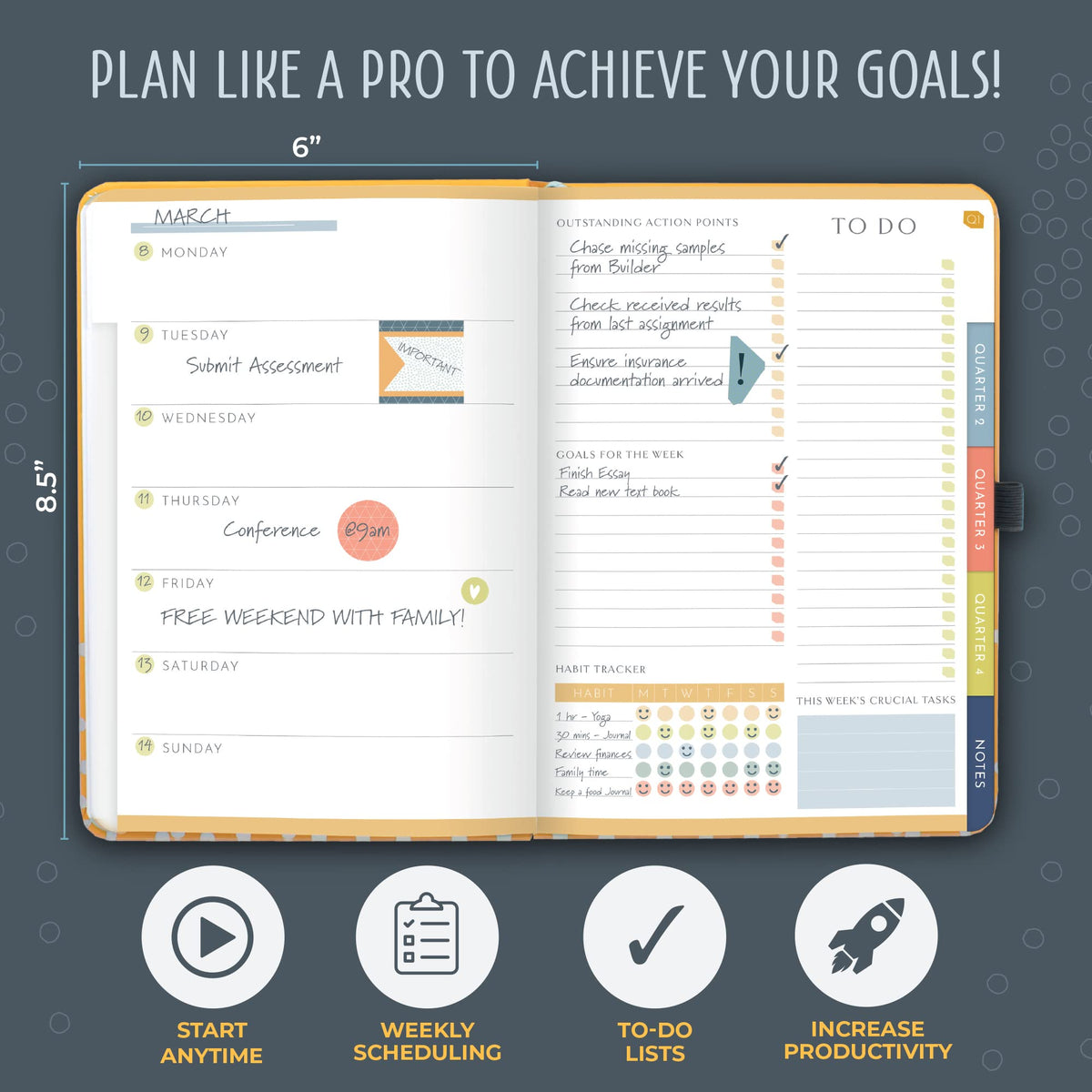 Boxclever Press Goal Planner – Luxury Undated Weekly Planner to Increase Productivity & Achieve your Goals. Weekly, Monthly, Quarterly Undated Planner with Vision Boards & Habit Trackers. 8.5 x 5.5ins