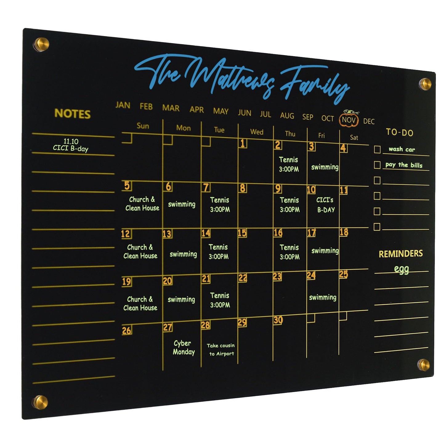 Black Acrylic Calendar Dry Erase for Wall, Family Planner, Monthly Calendar Dry Erase Whiteboard for Home, Office, 17" x 13"Reusable White Board(Acrylic-BK-3343)