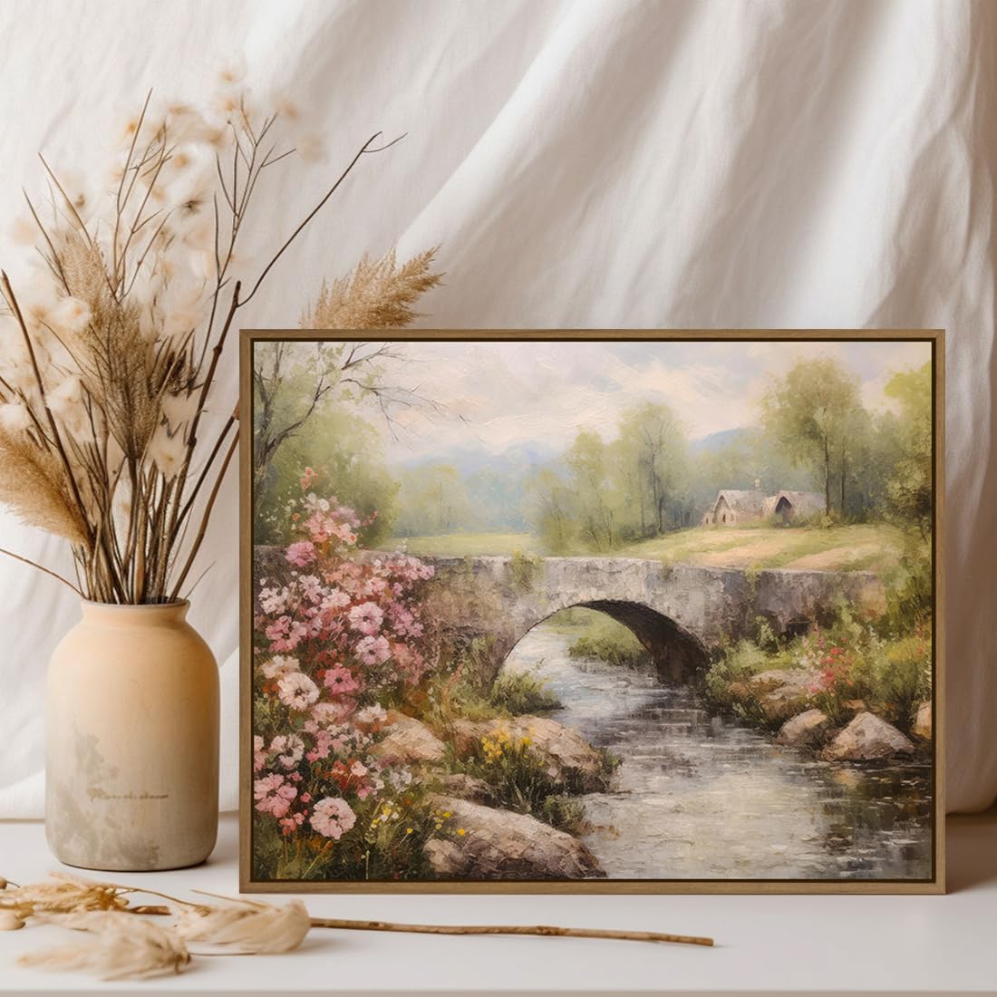 Gardenia Art Framed Country Landscape Wall Art Prints Mountain Bridge River with Blooming Flowers Wall Pictures Spring Scene Canvas Painting Nature View Artwork for Farmhouse Bedroom Home Office Decor
