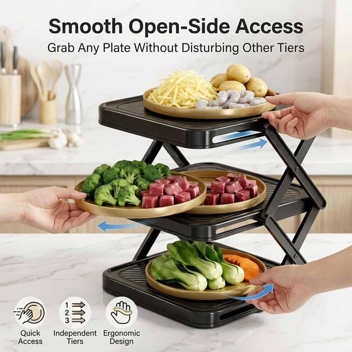 DFKSVCA Multi-Layer Dish & Prep Tray Storage Rack, Foldable 3-Tier Dish Rack with Removable Layers and Utensil Drying Holder, Compact Dish Organizer for Kitchen Counter, Parties and Picnics (Black)