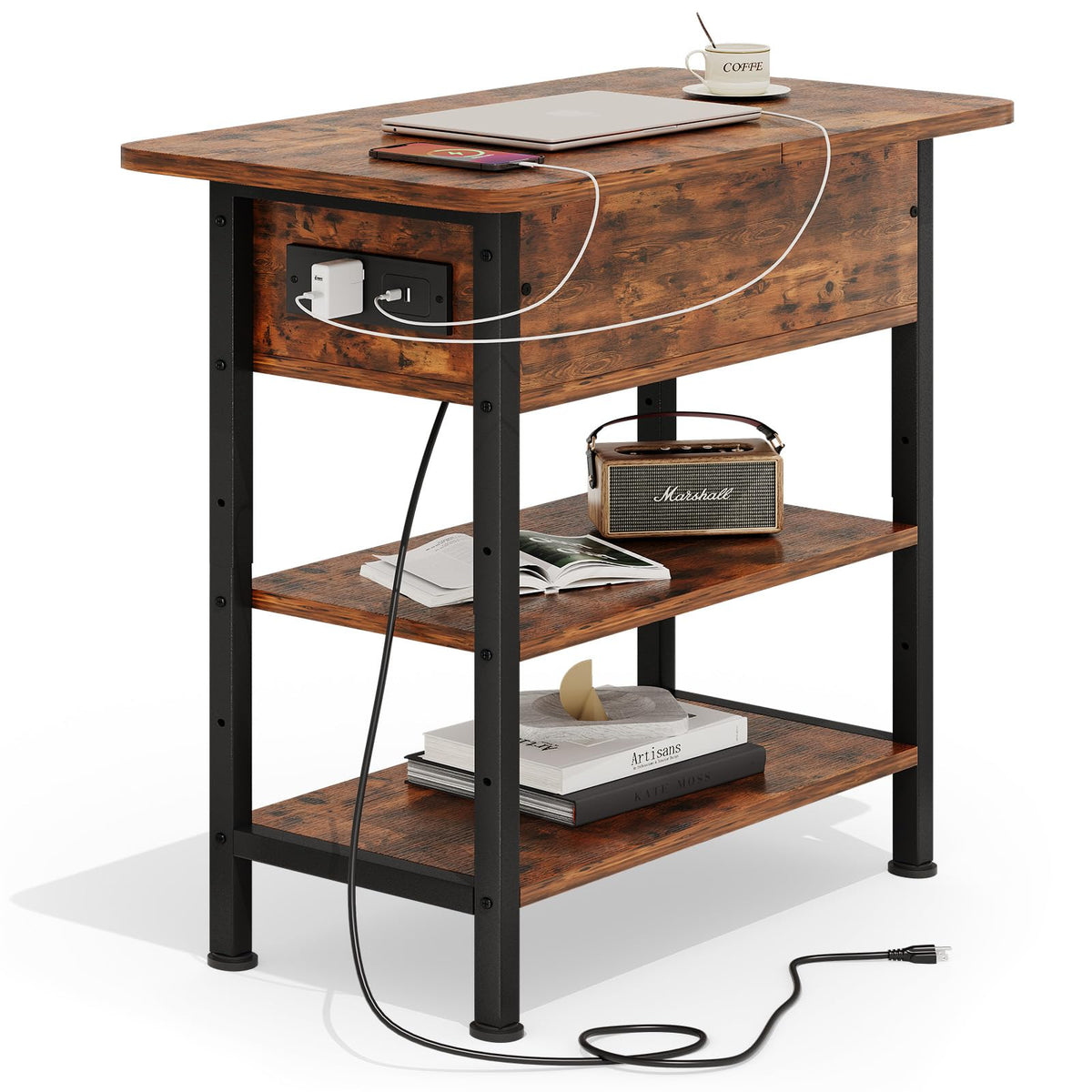 GRUSIGN End Table with Charging Station, Flip Top Side Table with USB Ports and Outlets, 3-Tier Small Side Table with Storage for Small Space, End Tables for Living Room/Bedroom, Brown