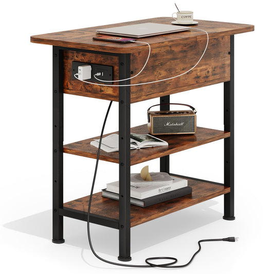 GRUSIGN End Table with Charging Station, Flip Top Side Table with USB Ports and Outlets, 3-Tier Small Side Table with Storage for Small Space, End Tables for Living Room/Bedroom, Brown