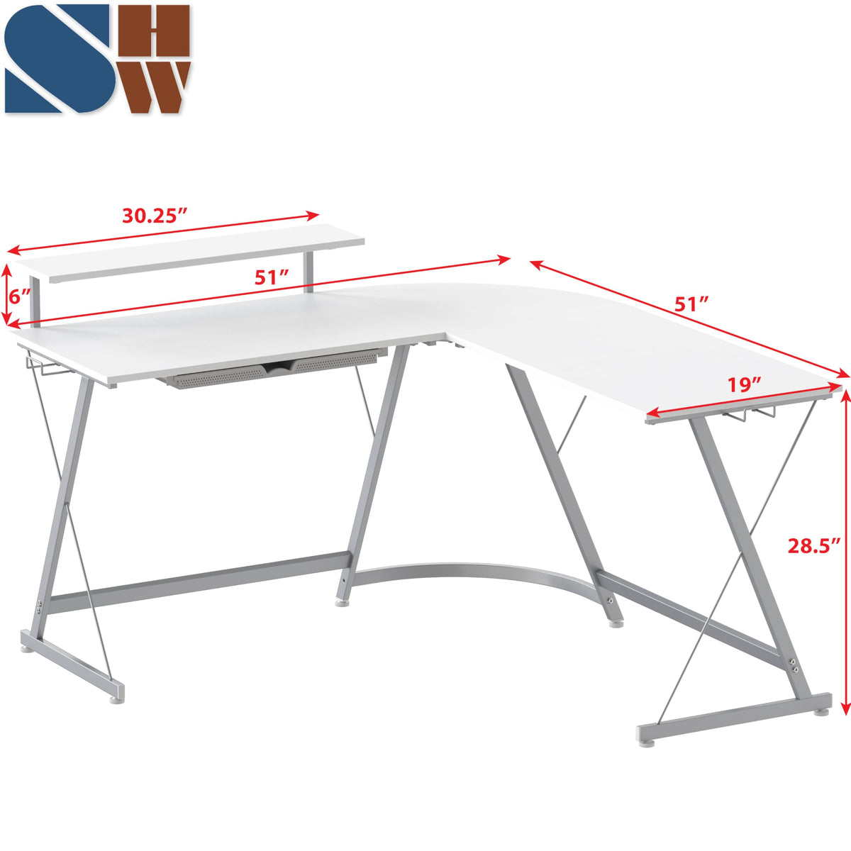 SHW 51 x 51 Inches Vista L-Shaped Desk with Monitor Stand and Drawer, White