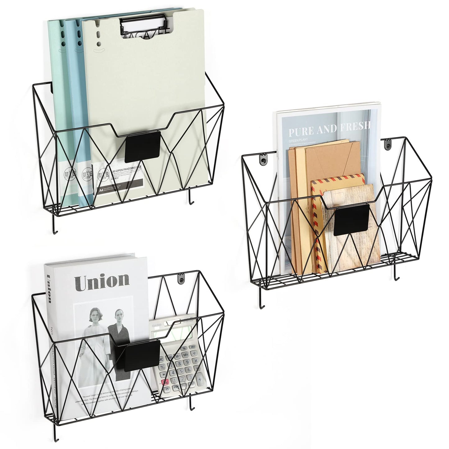 OYEAL Hanging Wall File Organizer Metal Wall File Holder 3 Pockets Mail Organizer Wall Mounted with Hooks for Office Home, Black