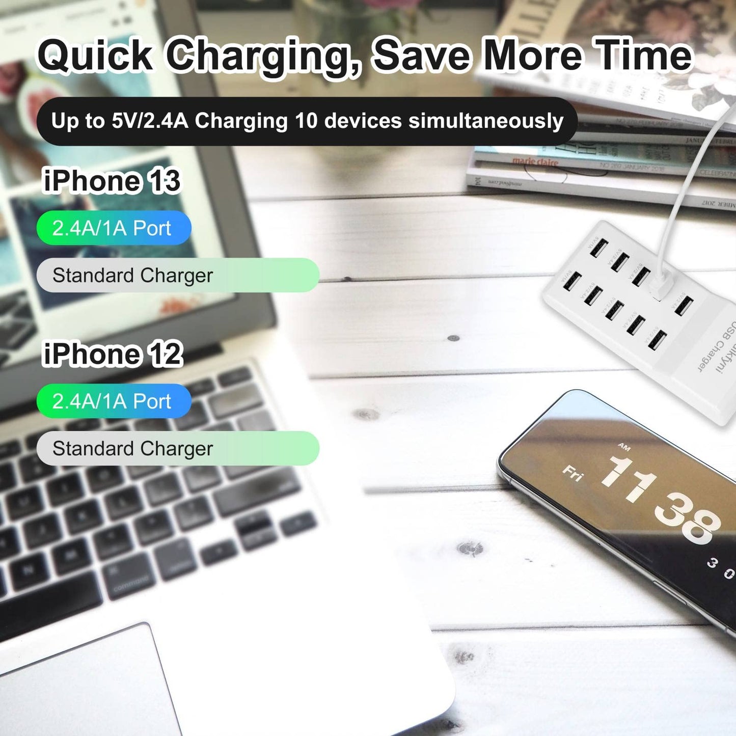 10-A Port USB Charger Station, smart Multiple Charging Block/USB Power Strip for Multiple Devices,Mobile Phones and iPads,Smart Watches Tablets (White)