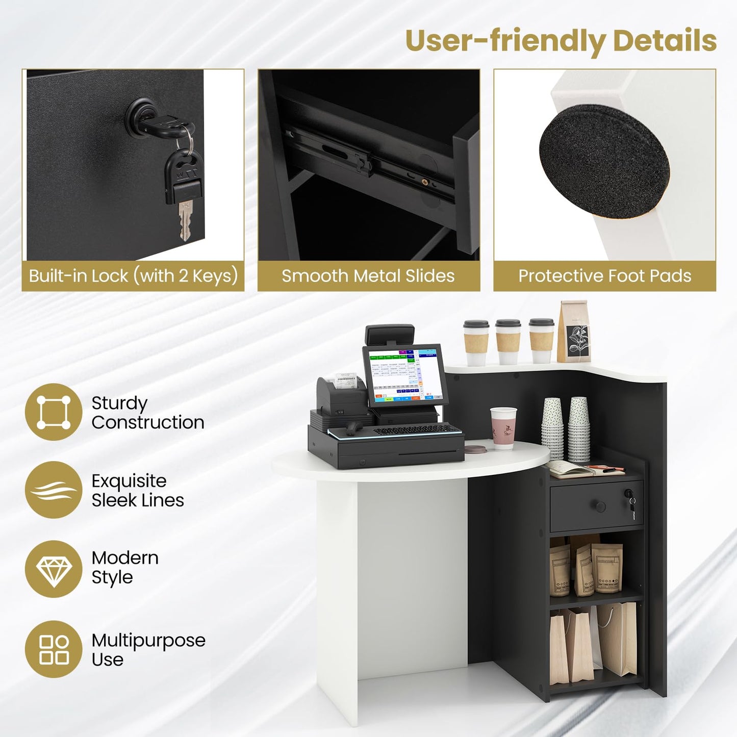 Giantex Reception Desk, Front Counter Desk with Lockable Drawer, Retail Counter Checkout Table with Round Tabletop, Corner Shelf & Adjustable Shelf for Office Beauty Salon Retail Store (Black)