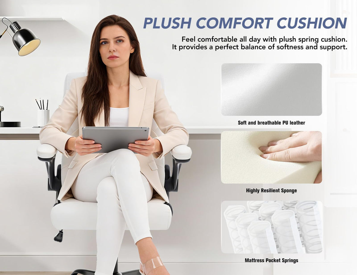 Office Chair with Adjustable Inflatable Lumbar Support,Leather Ergonomic Computer Desk Chair with Flip-up Arms,Adjustable Tilt Lock,Swivel Rolling Executive PC Chair for Work,Study,Meeting.White