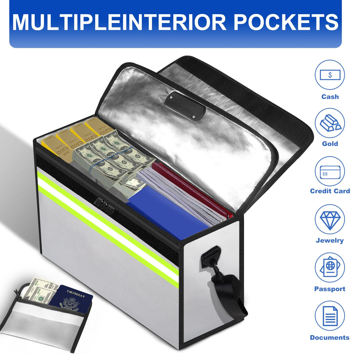 File Organizer Bag with Removable Folder Layers/Wallet,6500°F Fireproof Document Organizer with Lock&Reflective Strip,Portable Home Travel Safe Storage Box for Important Documents(14.1x9.5x4.2 inches)