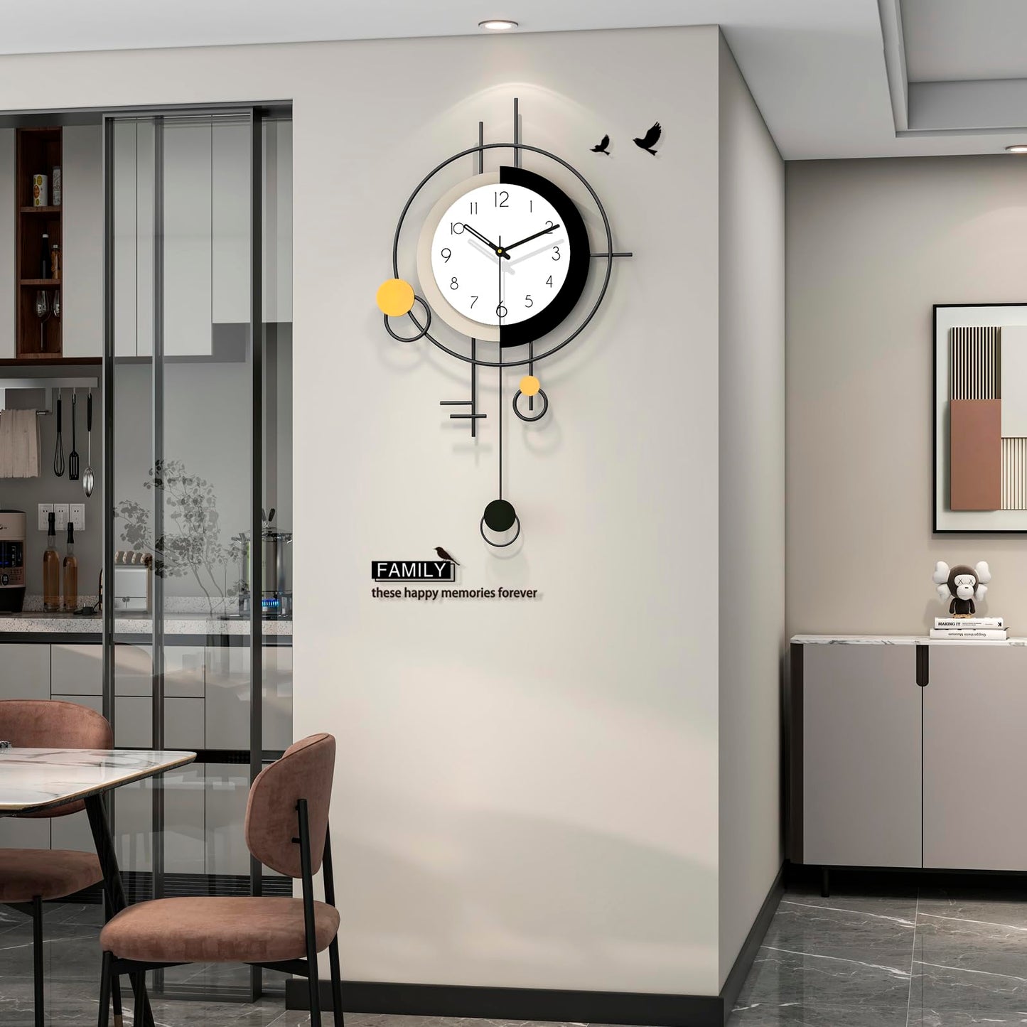 FLEBLE Large Wall Clock Decorative Modern Clock with Pendulum Silent Non-Ticking Battery Operated Black Metal Clock Wall for Living Room Kitchen Bedroom Office Home Decor, 15.7x27.6inch