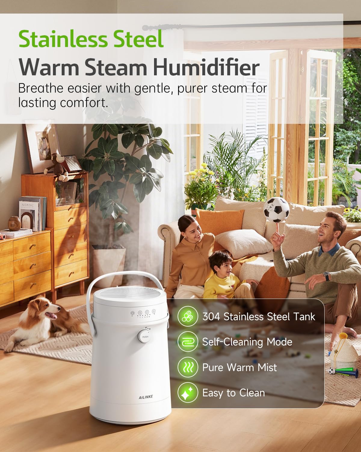 Stainless Steel Humidifier for Bedroom, Warm Mist Steam Humidifier 4L with Self-Cleaning Mode, Easy Clean Dishwasher Safe Humidifiers for Large room Living Room Home Office, Tip-Over Protection, White