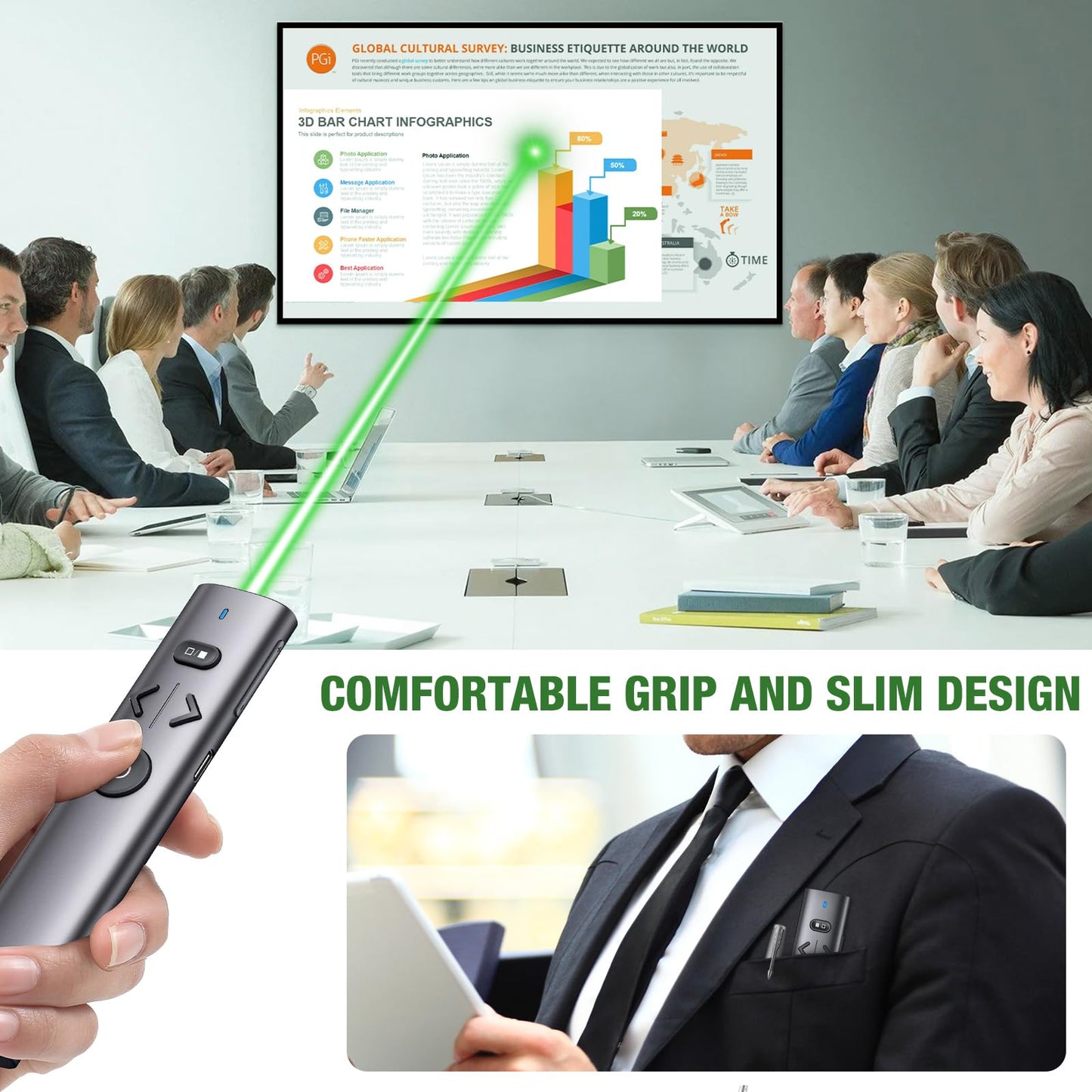 Wireless Presentation Clicker with Green Laser Pointer, Volume Control USB Type C Slide Presenter Remote for Keynote/PPT/Mac/PC/Laptop Office