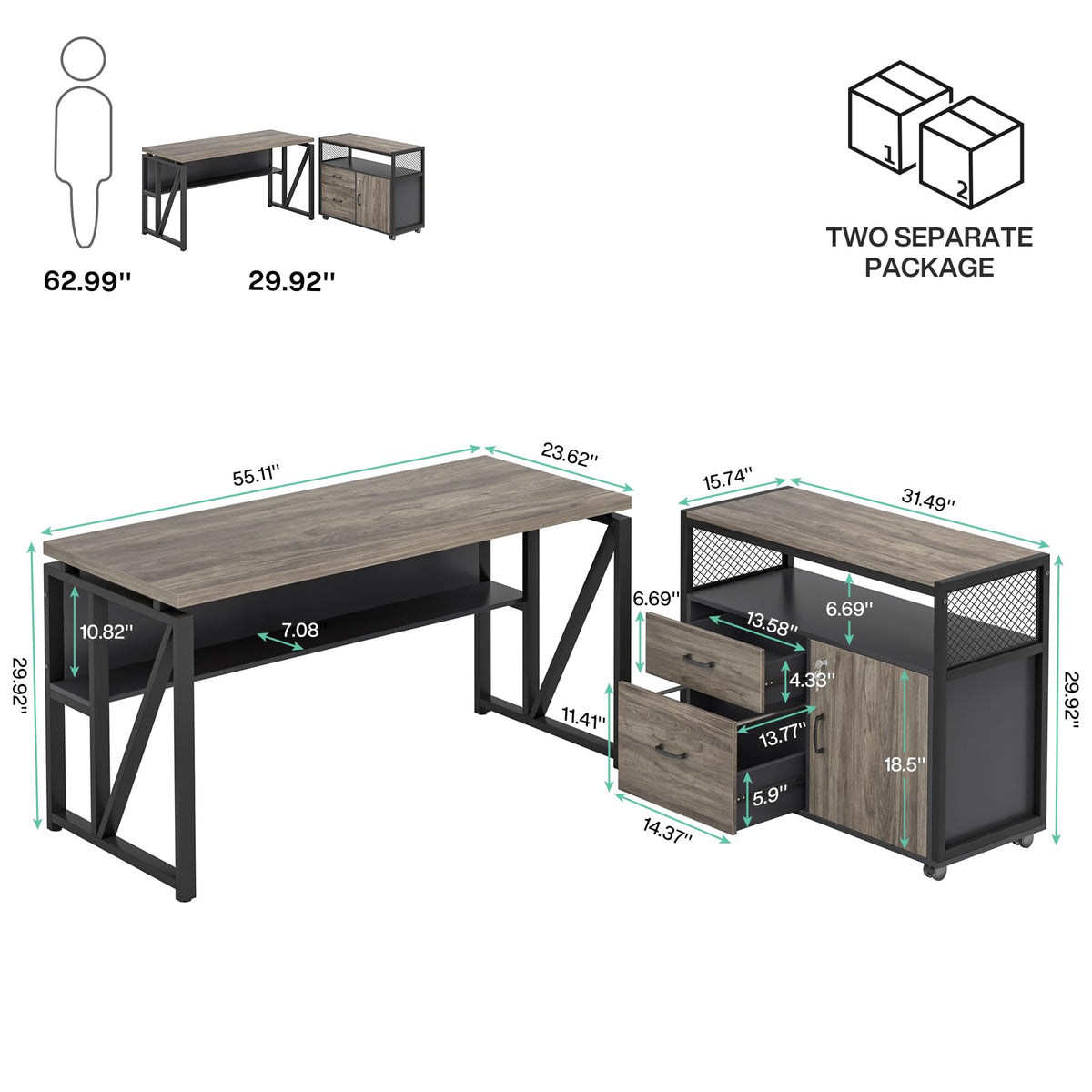 Tribesigns Grey Executive Desk with Cabinet, 55" L Shaped Computer Desk and lateral File Cabinet with Locks, 2 Piece Home Office Furniture Set for Hanging