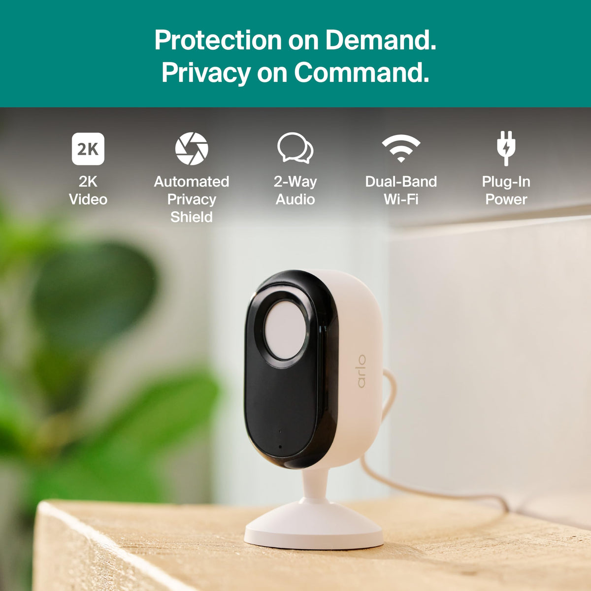 Arlo Essential Indoor Security Camera 2K (3rd Gen, 2025 Release) - Wired Plug-in Power, Person Recognition, Animal Detection, 1-Month Trial of Secure Plan, Automated Privacy Shield, 1 Cam, White