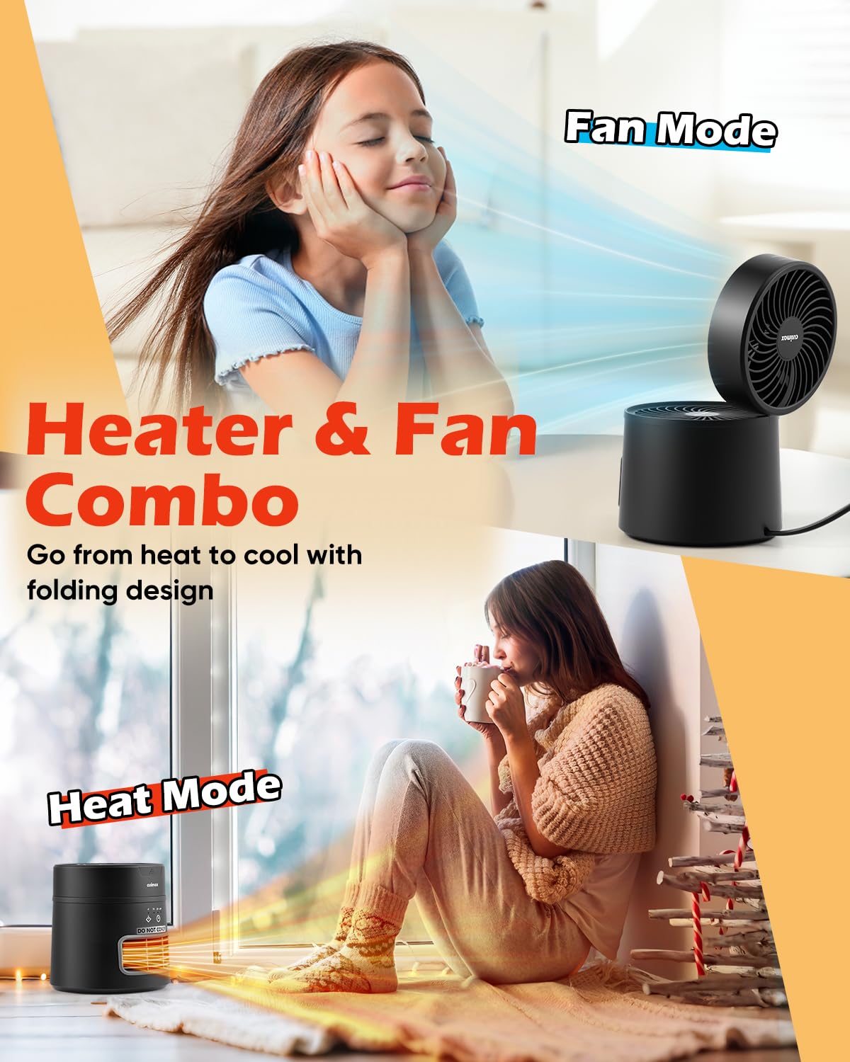 CUSIMAX Space Heater for Indoor Use, Mini Heater Fan with Thermostat, 7H Timer, 2 Modes, 800W PTC Ceramic Heater for Room Office Desk, Instant Heating, Overheat & Tip-Over Protection