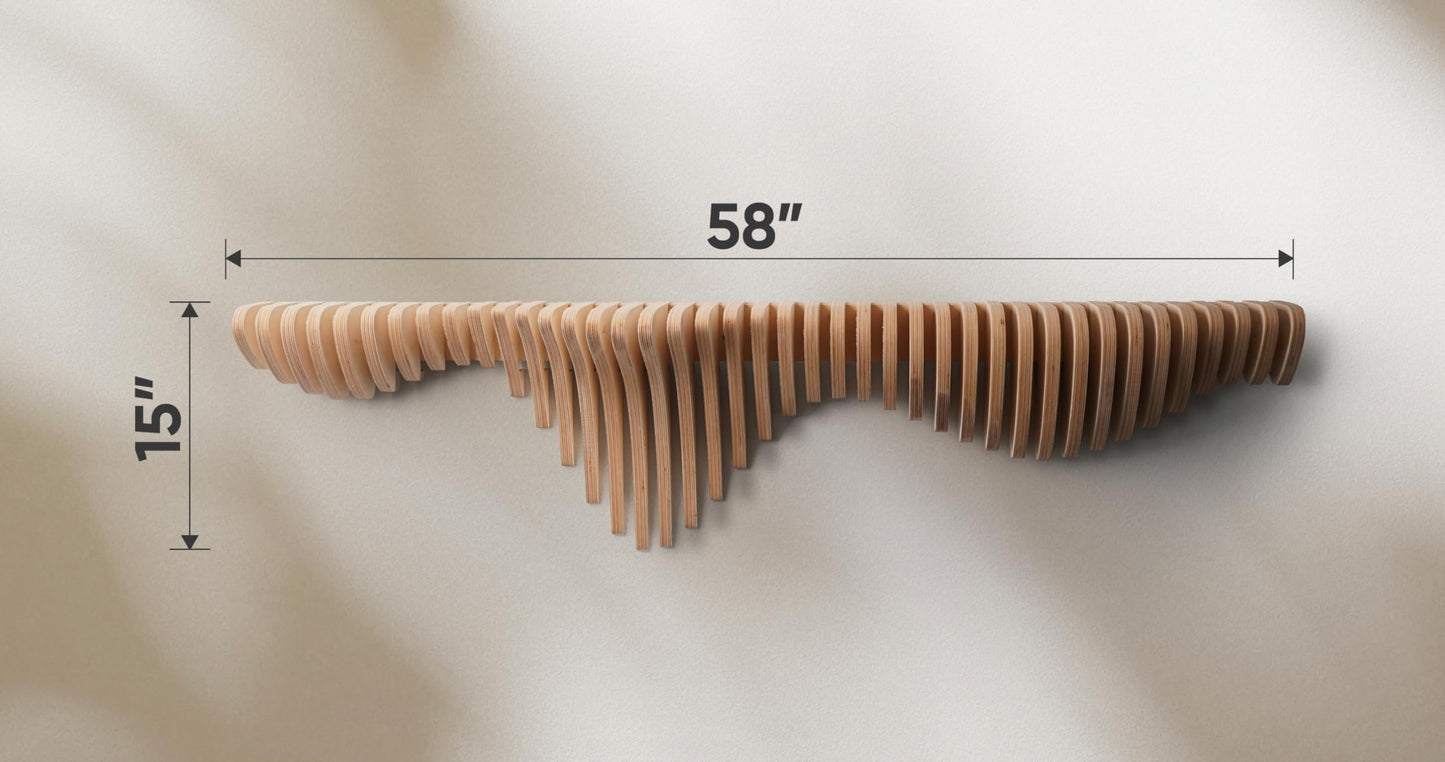 Lukelli Wooden Sound Wave Floating Shelf-4.8ft Modern Wall Shelf, 58x14x8.5in, Home Decor Design Furniture, for Living Room, Bedroom, Office, Studio