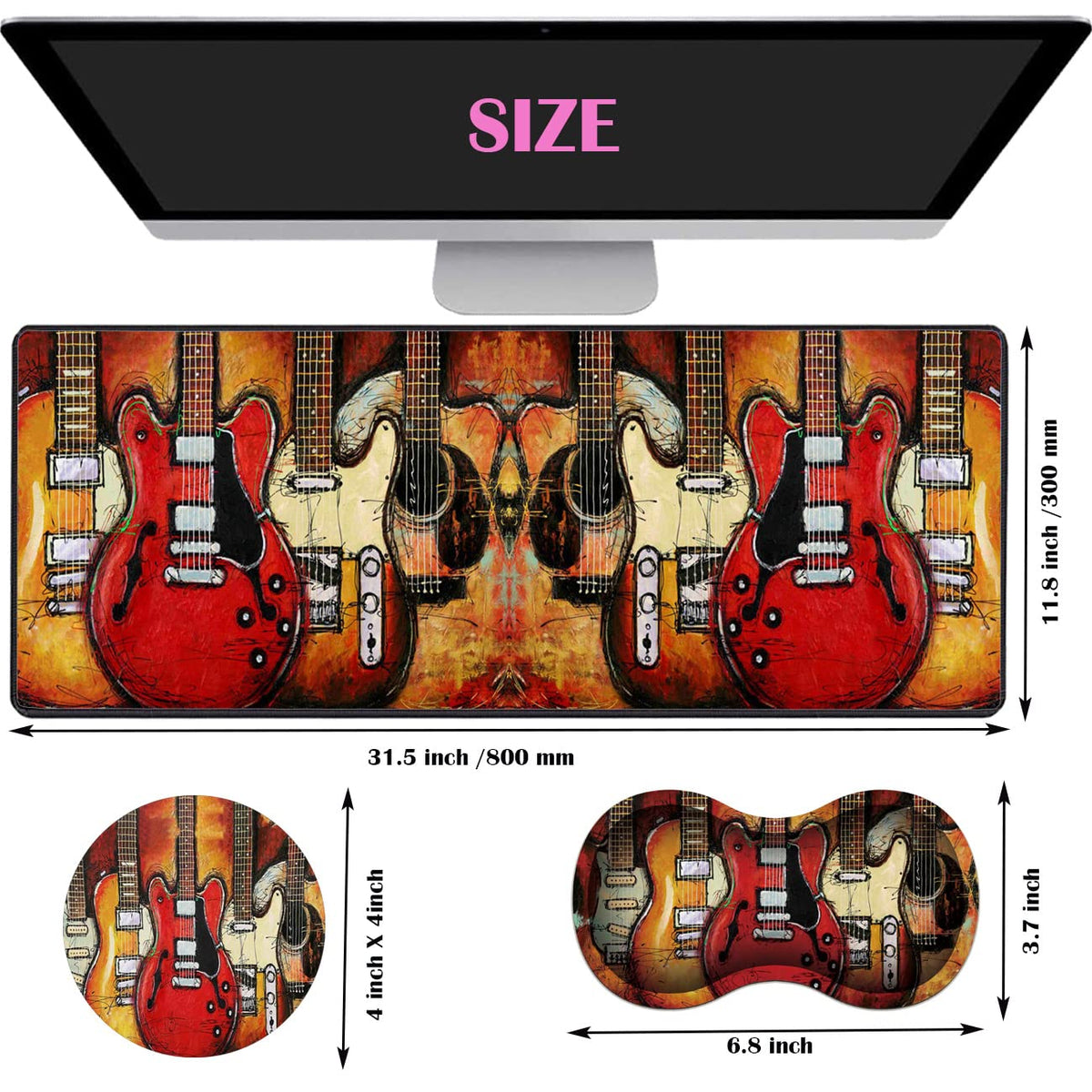 Extended Gaming Mouse Pad Desk Pad Keyboard Pad, Mouse Wrist Rest and Coaster, Anti-Slip Rubber Base Mouse Pad, Suitable for Gaming and Office, Guitar