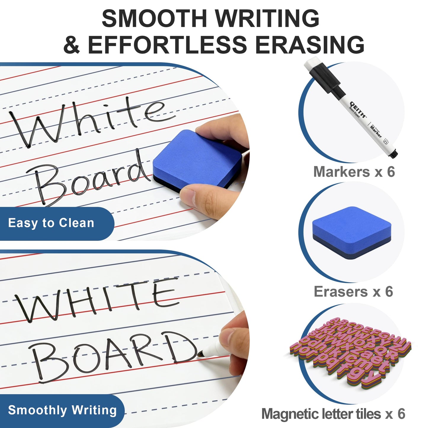 Magnetic Dry Erase Boards, 6 Pack 9”x12” Double Sided Portable Personal Small Whiteboards with Lines, Include 6 Markers, 6 Erasers, 6 X 52 Foam Letters for Kids, Students, Teachers Classroom School