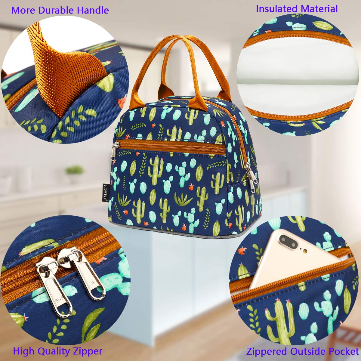 FlowFly Insulated Lunch Cooler Bag - Tote Bag Organizer for Women/Men, Cactus