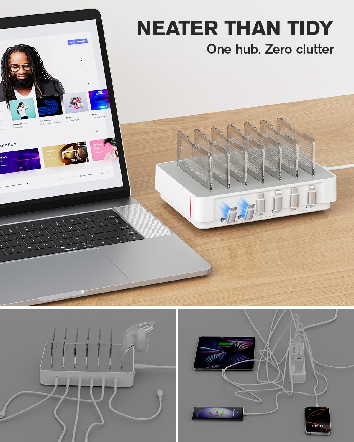 SooPii HomeHub H1 Charging Station for multiple devices,Upgraded 6-Port Desktop Fast Charger with 6 Retractable Cables（4*C+2*iP）,60W PD charger station for iPhone/Tablet,Tangle-Free Charging Organizer
