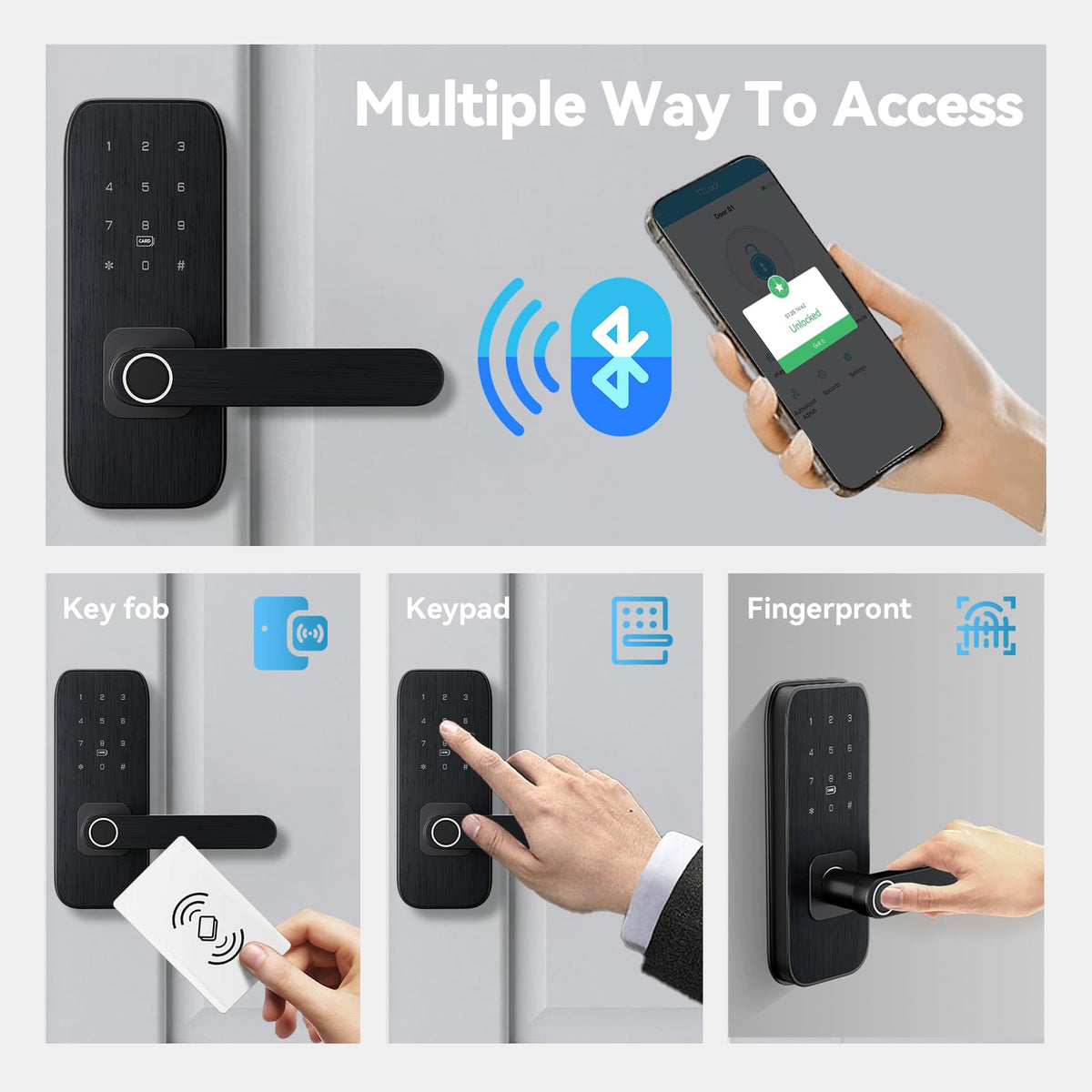 Fingerprint Door Lock with Handle for Bedroom, 5-in-1 Keyless Entry Smart Lock, TTLock App, Keypad, RFID Card & Key, Auto Lock, Guest Codes, Easy DIY Install for Front Door, Office, Airbnb