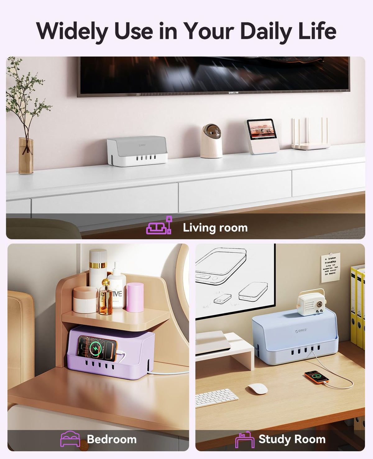 ORICO Cable Management Box with Phone Stand Lid, Large Cord Organizer Case for Hiding Power Strips & Surge Protectors, Heat Dissipation Desktop Wire Hider for Home, Office, School - PB02