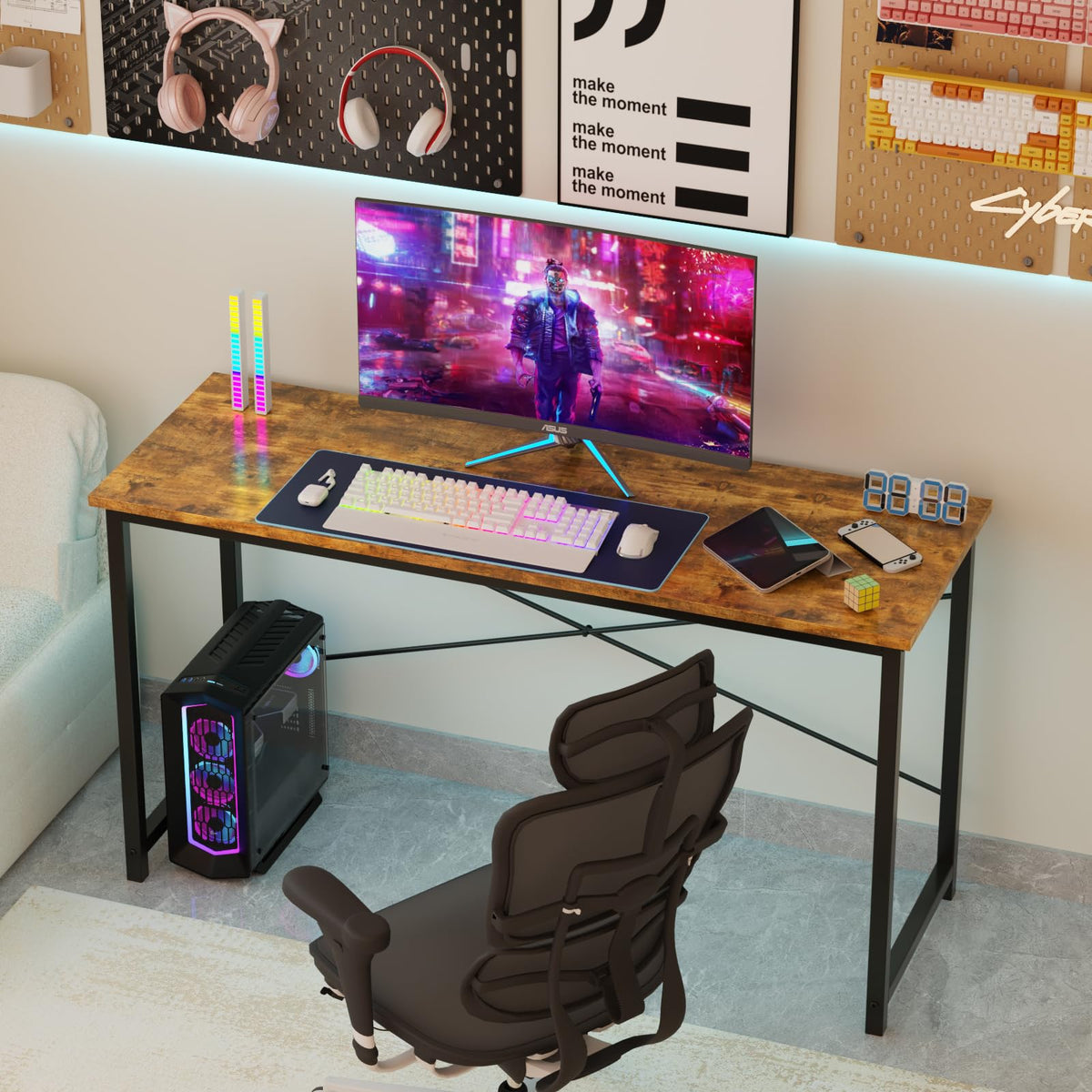 Sweetcrispy Small Computer Desk, 63" Office Writing Desk with Metal Frame & Wooden Top, X-Shaped Reinforcement, Student Study Workstation for Home Bedroom, Brown