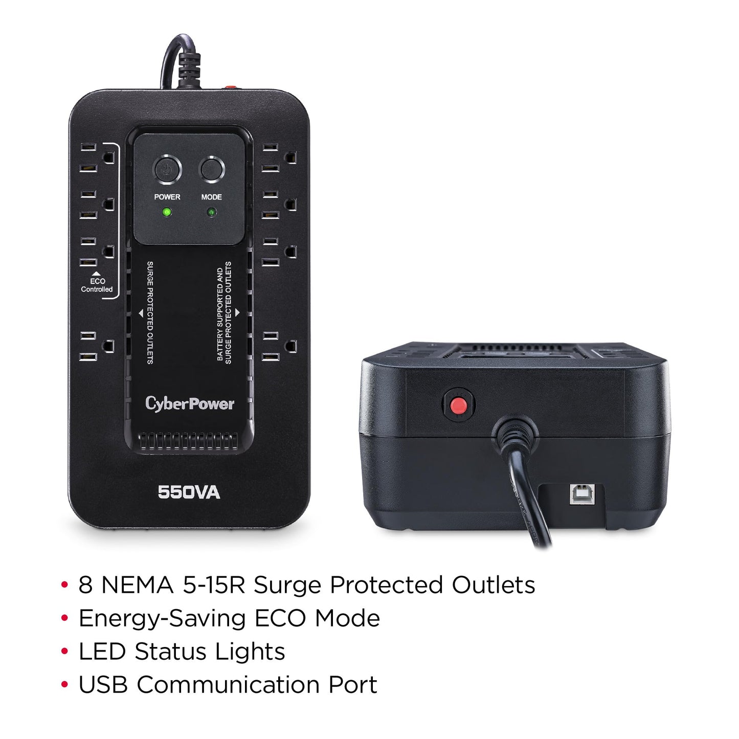 CyberPower EC550G Ecologic UPS Battery Backup and Surge Protector, 550VA/330W, 8 Outlets, ECO Mode, Compact, UL Certified