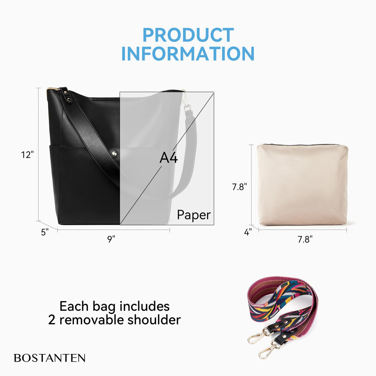 BOSTANTEN Women's Leather Designer Handbags Tote Purses Shoulder Bucket Bags with 2 Shoulder Strap, Black 9" L×5" W×12" H