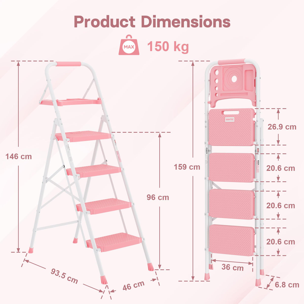 BONTEC 4-Step Ladder, 400lbs Max Load, Folding Step Stool with Tool Tray, Anti-Slip Pedals, Sturdy Steel, Lightweight Portable Ladder with Handrail for Home & Work Use, Pink