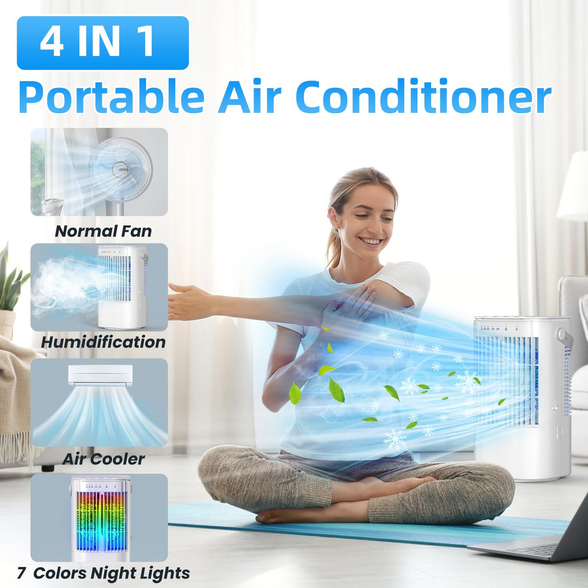 Portable Air Conditioners 4-in-1 Mini Small Air Conditioner Evaporative Air Cooler Fan with 1000ml Water Tank 3 Speeds 7 LED Lights Personal Mini AC with Timer for Bedroom Desktop Home Office (White)